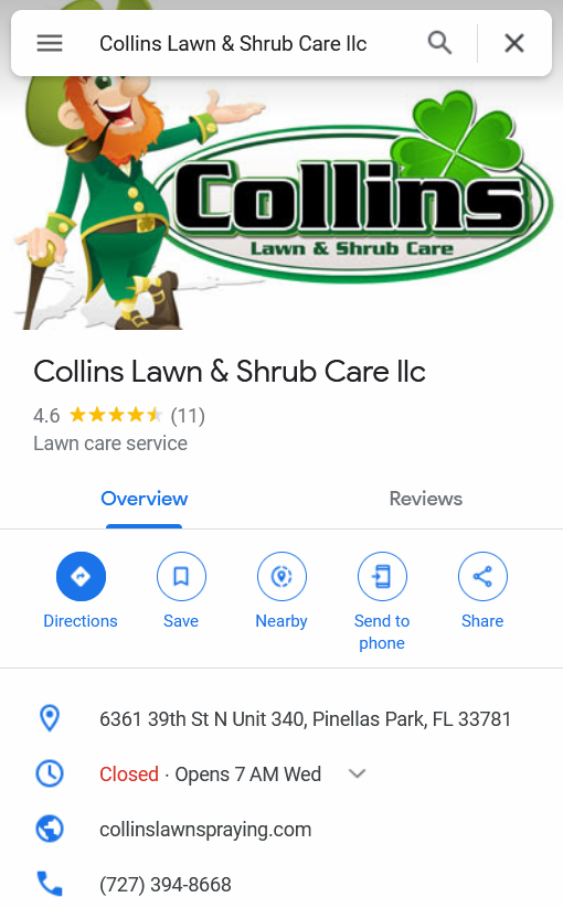 google reviews for collins lawn care and shrub & tree care  service in Pinellas and Tampa Bay
